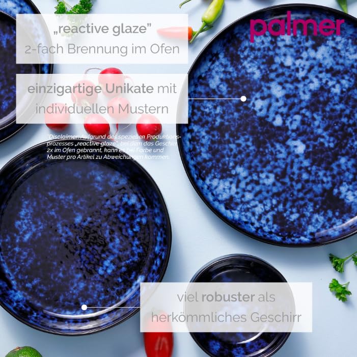 palmer Bama Blue grosse tiefe Teller - 2er-Set - Steinzeug - Ø 22 cm - blau schwarz hochglanz - für Pasta, Suppe oder als Servierteller - stapelbar, spülmaschinenfest