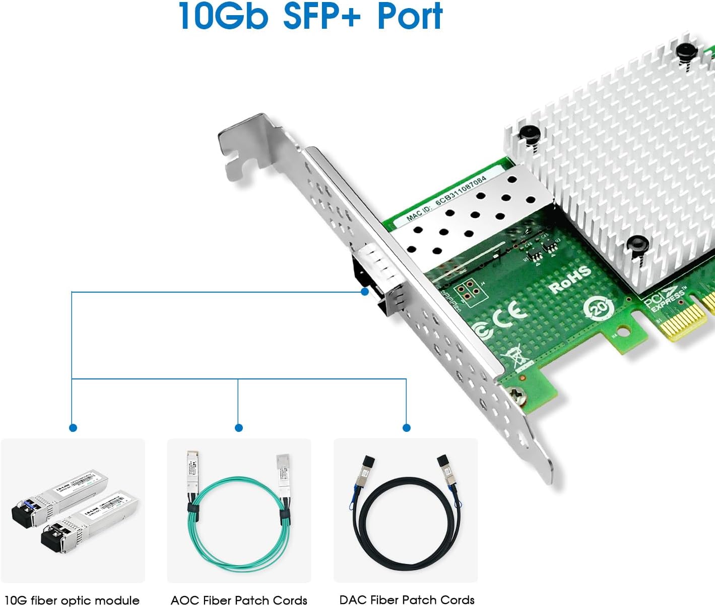 10Gb SFP+ PCI-E Network Card NIC,Compare to Intel X520-DA1,with Intel 82599EN Chip,Single SFP+ Port,PCI Express X4,Ethernet Converged Network Adapter Support Windows Server/Linux/VMware