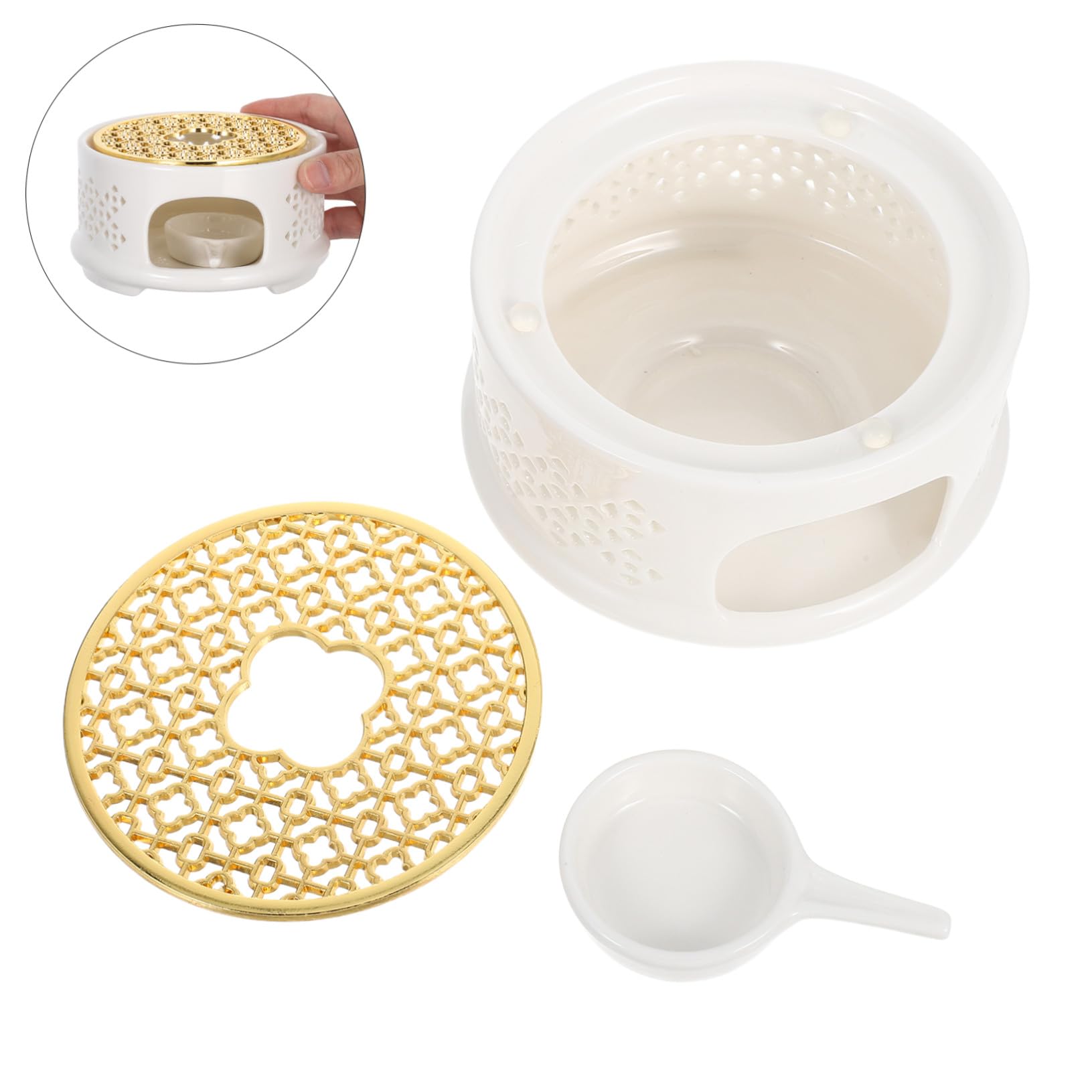 Porzellan Teekanne Heizung mit Einzigartigem Löffeldeckel Keramik Stövchen Boden für Glas Teekannen Kerzenheizgerät Dauerwärme für Tee Kaffee Zeremonie Zubehör