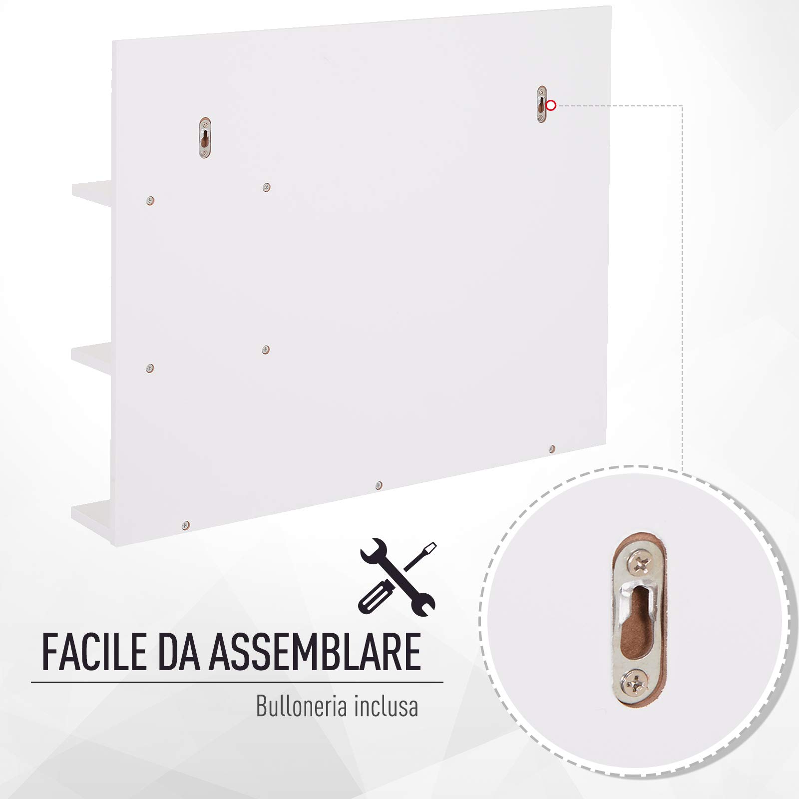 kleankin Specchio da Bagno con 2 Ripiani Laterali e Ripiano Inferiore, Specchio Moderno con Montaggio a Parete, in MDF e Vetro, 60x10x48 cm, Bianco