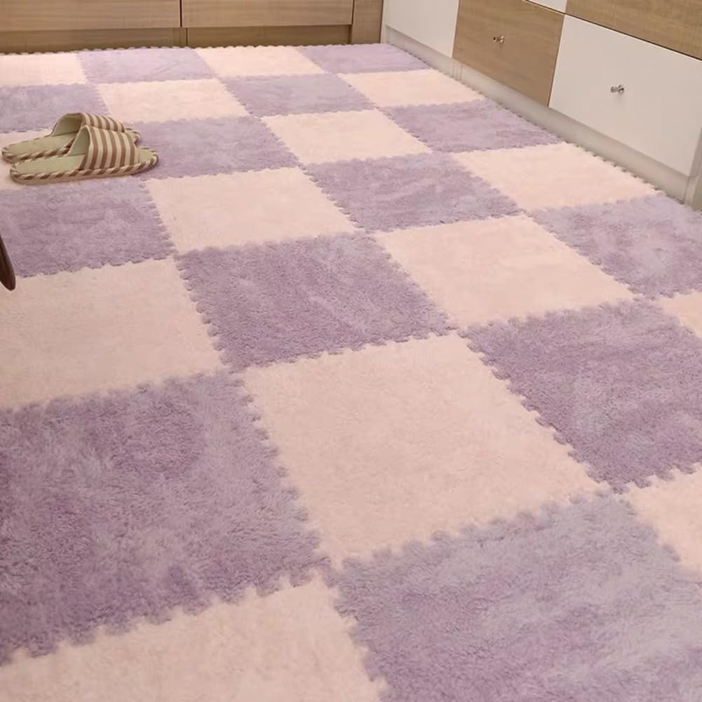 10 Tiles Interlocking Puzzle Play Mat 30x30x1cm EVA Foam Floor Mats,Fluffy Area Rug for Living Room Bedroom,Non-Slip Protective Floor Carpet (Pink Purple)