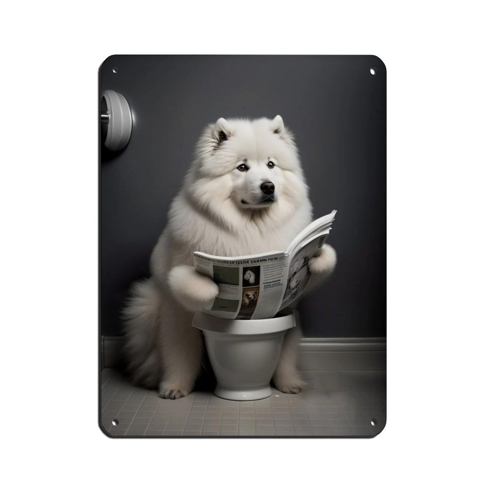 Lxwnze 30L X 40W Cm Samoyed Sitting On The Toilet Reading A Newspaper Tin Sign Vintage Metal Pub Club Cafe Bar Home Wall Art Decoration Poster Retro 12X16inch(30X40cm)