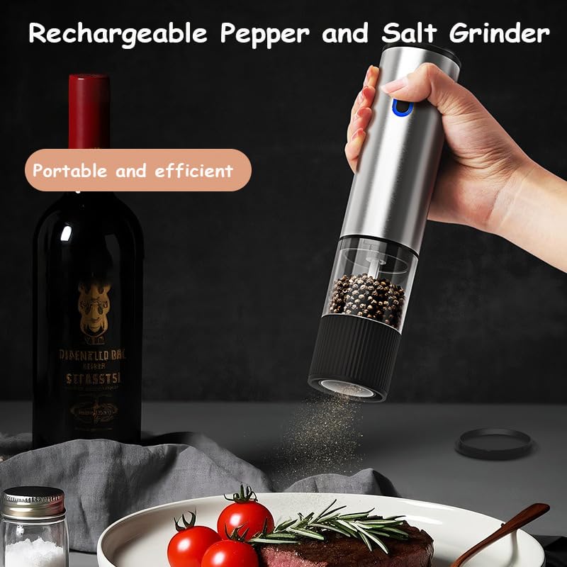 Image of Konquer TimeS Automatic Electric Pepper Grinder with Light, Gravity Sensor Salt & Pepper Mill, Adjustable Coarseness, One-Hand Operation, Stainless Steel Design, Battery Powered Spice Grinder