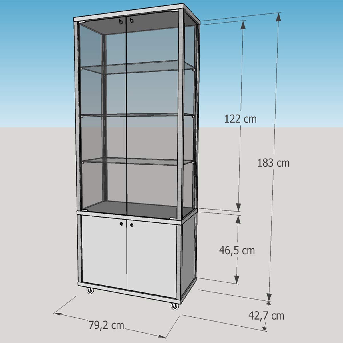 Glasvitrine T 43 x B 79 x H 183 cm - breite Ausstellungs-Vitrine mit Unterschrank abschließbar - Glas Vitrinenschrank - ohne Beleuchtung