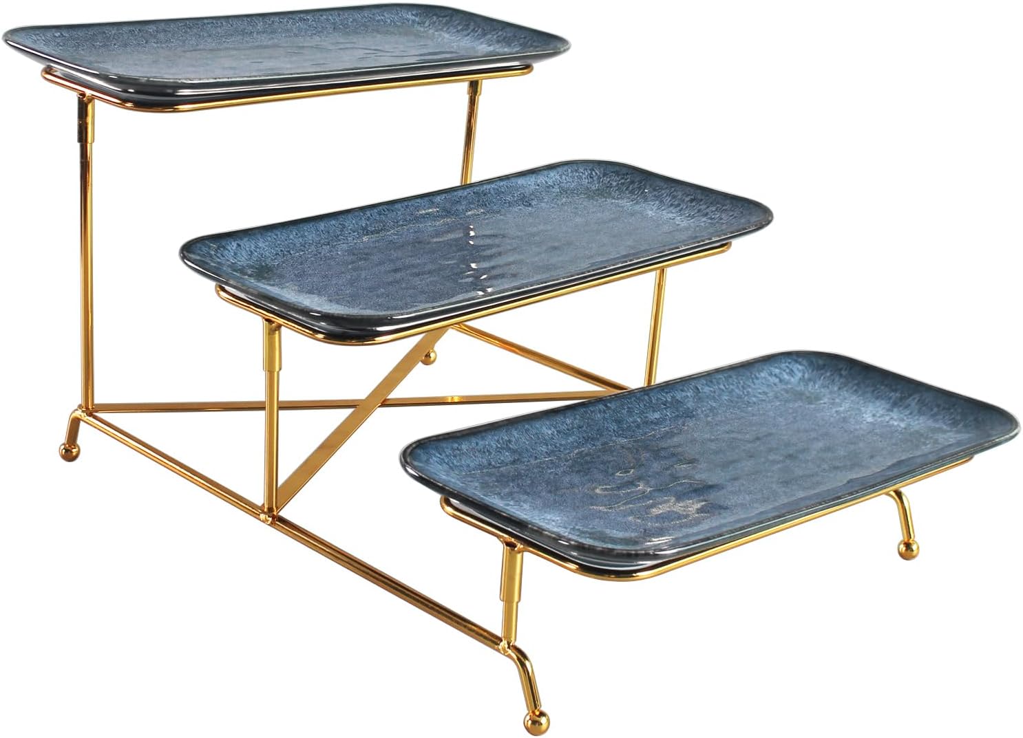 3-Tier Service Plates Stand, with 3 Pcs 14.1 Inch Ceramic Plates and Foldable Sturdy Gold Stand, for Food Display, Fruit, Cake Dessert, Decoration for Party Entertaining, Blue