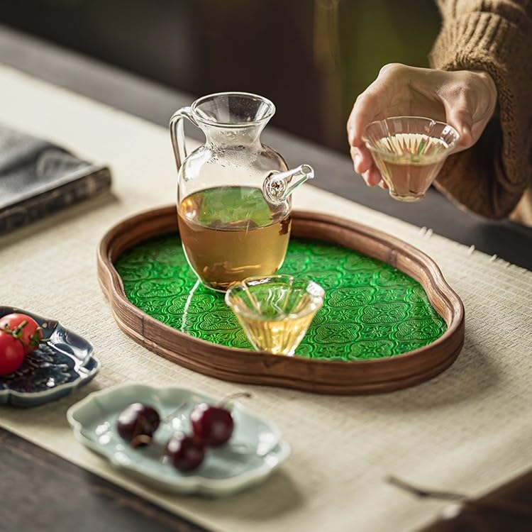 Plateau à thé en verre de style japonais vintage - Plateau en bois massif pour les rafraîchissements de la maison - Motif floral bégonia - Idéal pour servir du thé et des friandises