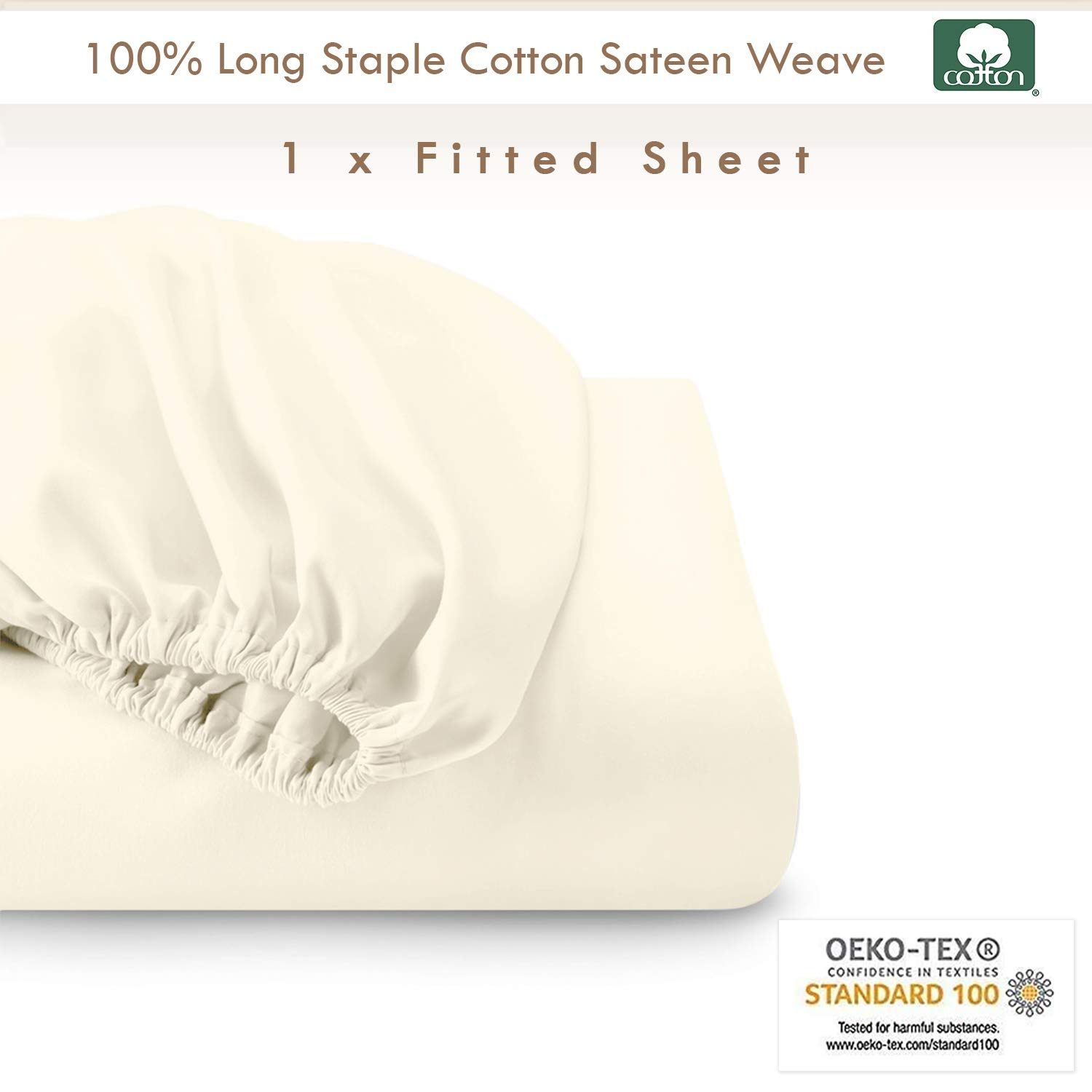 Pizuna 100% Cotton Double Fitted Sheet Ivory, 400 Thread Count Long Staple Cotton Fitted Bed Sheets Double 140x200 cm - Image 3
