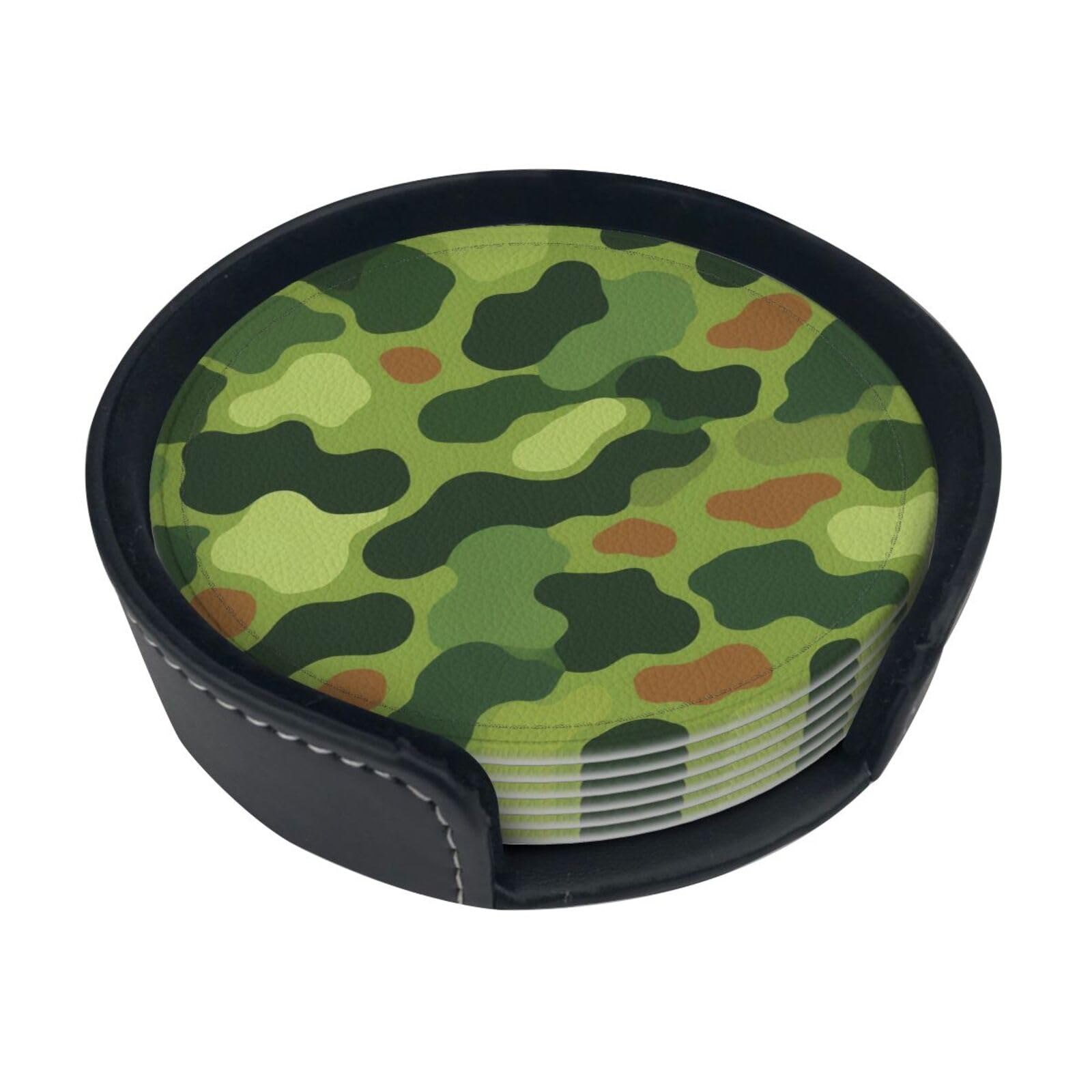 Cntdbu White Classic Camo Leather Coasters Set Of 6-Pu Leather Drink Mats For Table, Heat Resistant Round Coasters With Holder