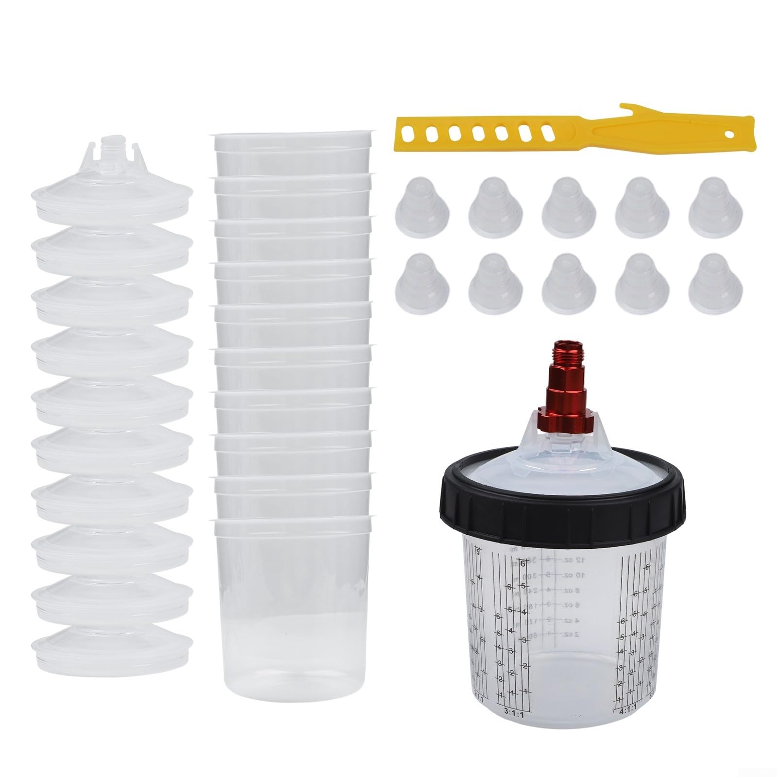 Juego de tazas desechables para mezclar pintura, 600 ml, juego de tazas medidoras y pulverizadoras ABS con tapas, tazas interiores, tapones, rodillo y conectores para pintura automotriz