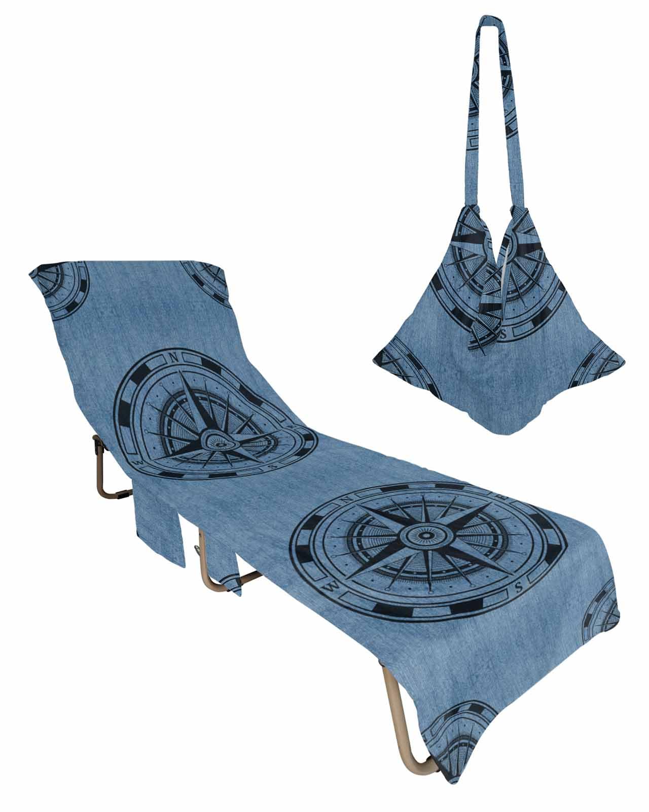 Blue Compass Nautical Beach Lounge Chair Towel Cover, Soft Chaise Lounge Towel with Side Pockets Patio Pool Chairs Cover for Beach/Pool Sunbathing 29x85 Coastal Vintage