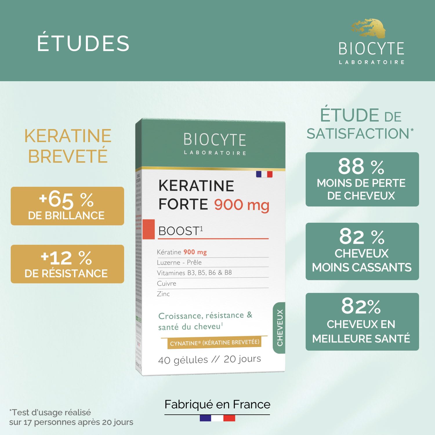 BIOCYTE Kératine Forte 900mg - Croissance, Résistance & Santé Des Cheveux - Biotine, Vitamine B6, Zinc, Prêle, Luzerne - Complément Alimentaire Cheveux - Programme 20 Jours