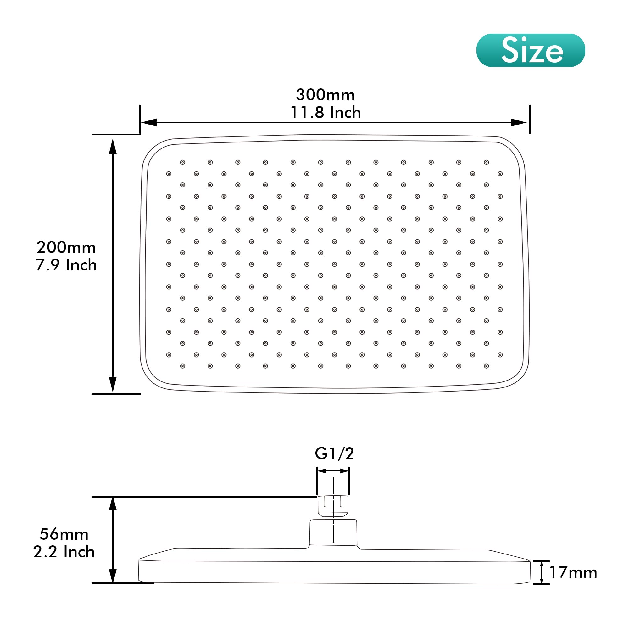 Rectangle Rainfall Shower Head 11.8 Inch Ceiling or Wall Mount Fixed Showerhead Large Coverage Overhead Waterfall Shower Head with Adjustable Swivel Ball Joint - Image 2
