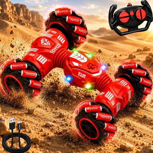 Image of toyco Remote Control Car Toy for Kids 4+ Years | Drift Rc Car 4x4 with 360 Stunt Rotation | Double Sided Driving, Omni Directional Wheels | USB Type-C Rechargeable | RGB LED Lights (Red 4x4 Drift)