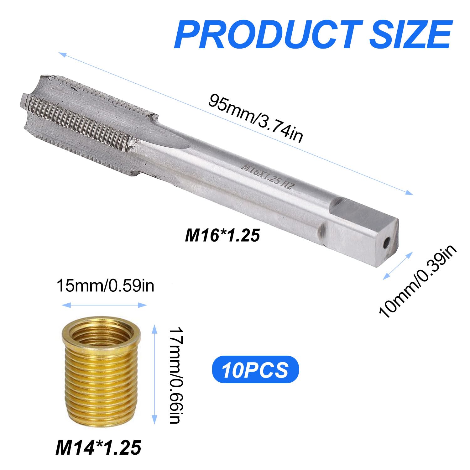 10 Pezzi Attrezzo per la Riparazione del Foro Filettato della Candela, M14 × 1.25 mm, con Rubinetto, in Metallo, per Motori a Benzina, Generatori, Motori Diesel (Oro)