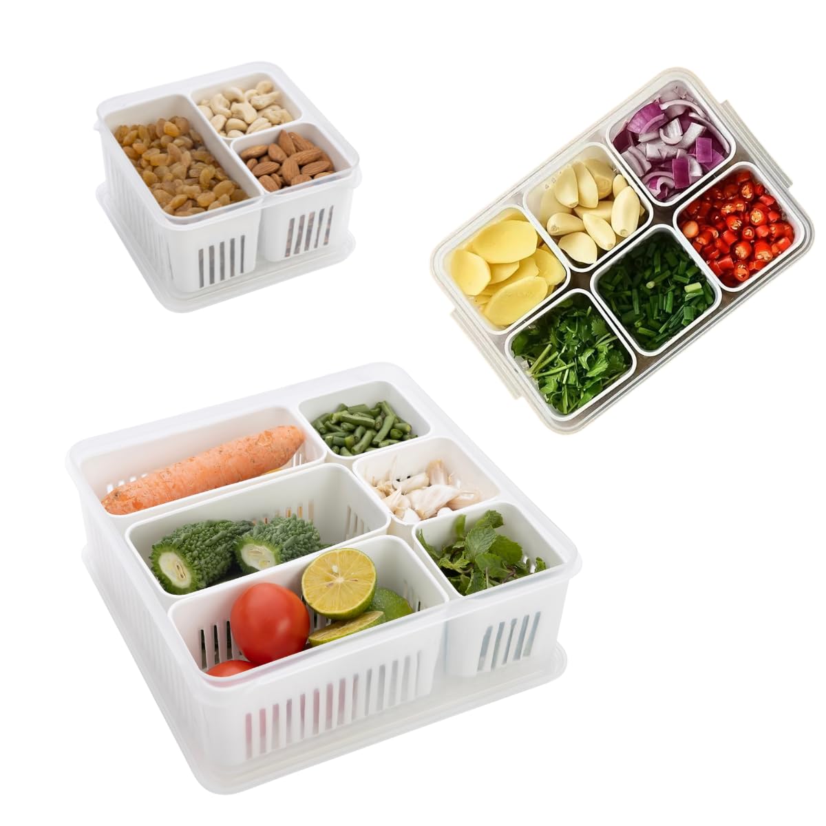 Flexcube Fridge Food Storage Containers with Lids, Refrigerator Food Fresh Box with Detachable Drain Basket Vegetables Sealed Keeper for Ginger Garlic Onion Scallion (Combo 2) (B0DB5XDHT7) Amazon Price History, Amazon Price Tracker