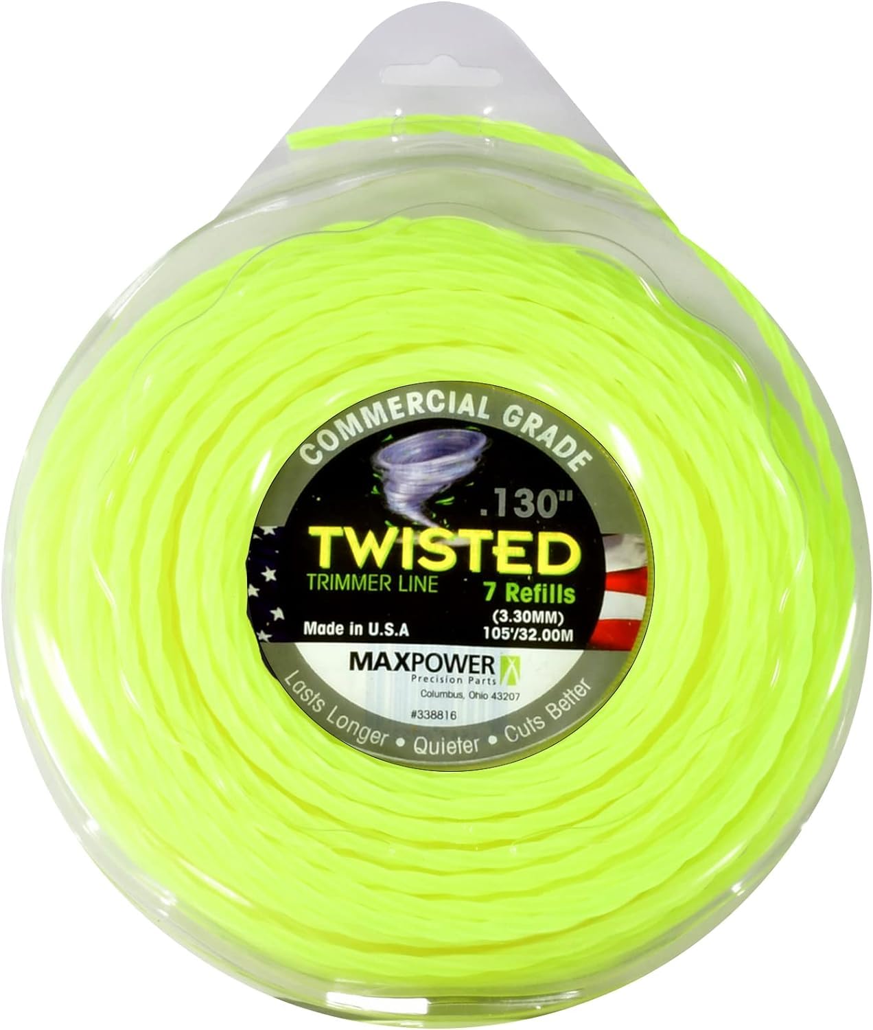 MAXPOWER 338816 Copolymer Thread for Brushcutter and Lawn Mower 3.3 mm 32 Metre, Twisted Square, Neon Yellow
