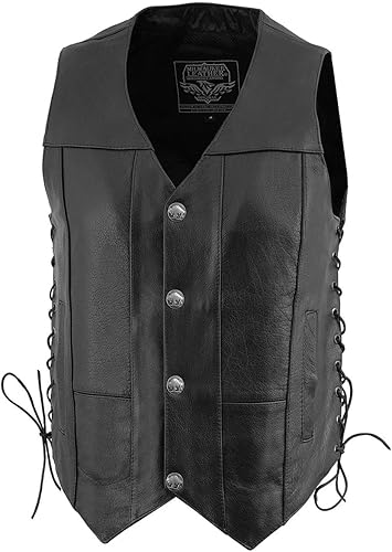 Miniatura 5 de Milwaukee Leather LKM3701 Chaleco clásico de cuero negro para hombre con cuello en V estilo motero con broches de búfalo y cordones laterales