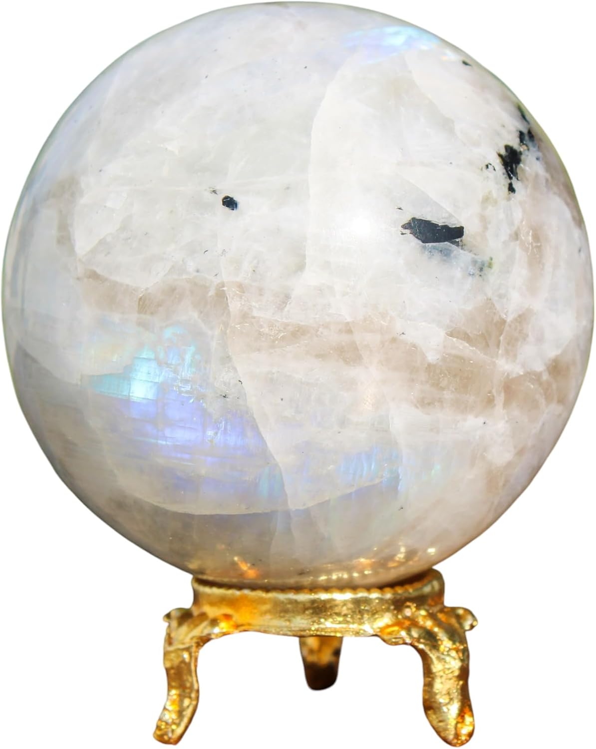 Superb White Rainbow Moonstone Decorative Stone Ball 70mm with Golden Stand / 435g Polished Sphere Crystal Healing | Feng Shui | Good Luck | Reiki Gift | Home Decor | Gemstone Ball | Chakras Balancing