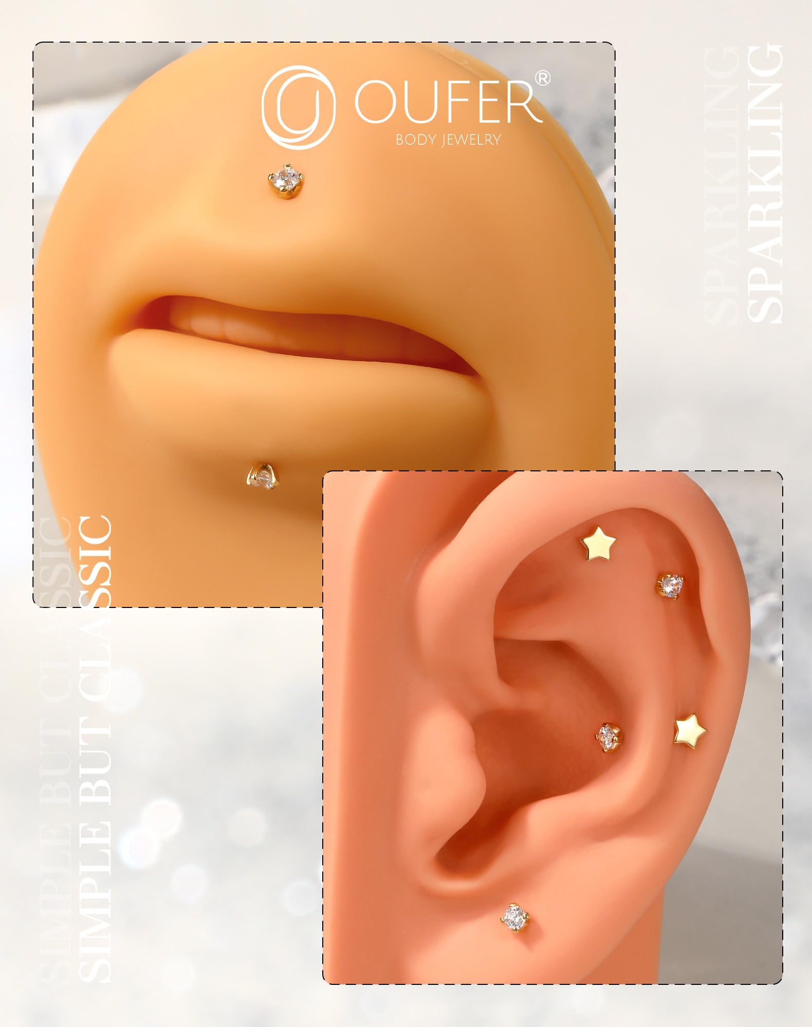 OUFER Body Piercing Labret Piercing Jewellery 6/8mm Lip Stud Push in Cartilage Earring 16G Helix Piercings Threadless Conch Tragus Piercing Jewellery Clear CZ Labret Earrings