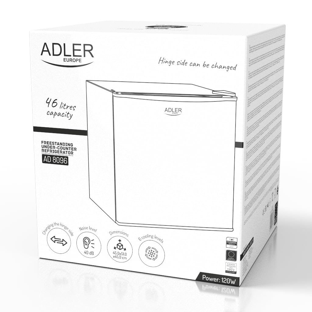 ADLER ad_8096b Wolnostojąca lodówka podszafkowa, 45 l, metalowe drzwi, 6-stopniowa regulacja chłodzenia