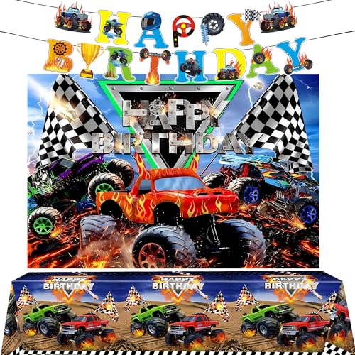 Truck Birthday Party Decorations Truck Theme Party Supplies 3 PCS Set with Banner Tablecloth Backdrop for Boys Birthday Decor