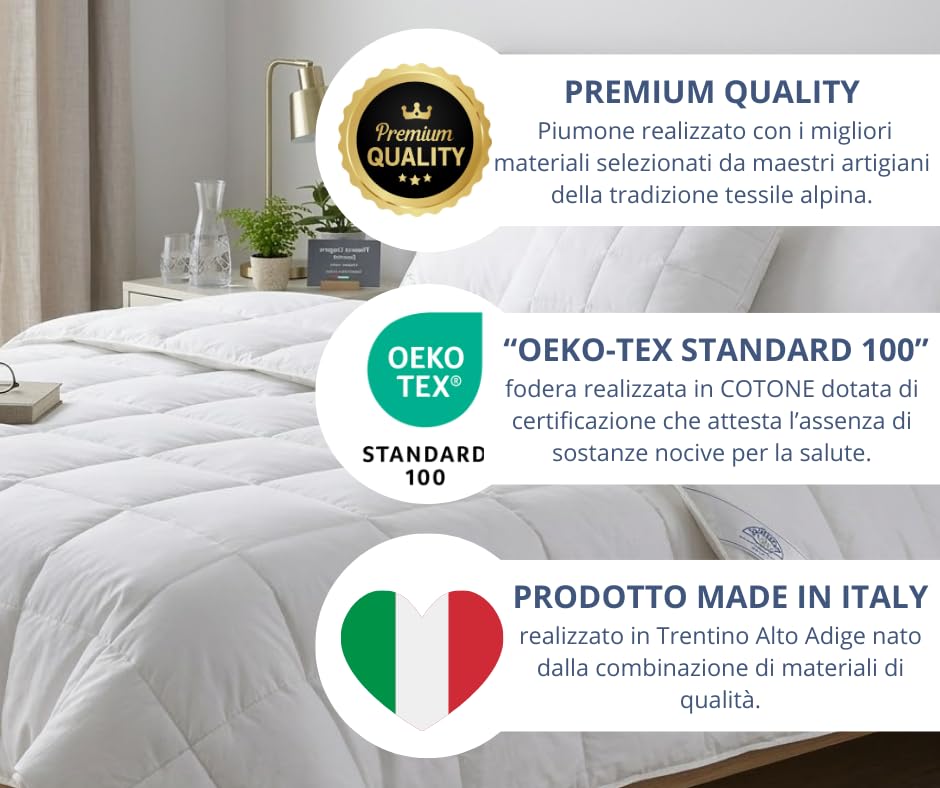 Piumino d’Oca DAUNEX Trentino Piazza Mezza 100% Piuma D'Oca Naturale Traspirante e Soffice Piumone ESTIVO Imbottitura 110 gr/mq Made in Italy Misura 200x200 cm Mod. MONTE BIANCO LIGHT