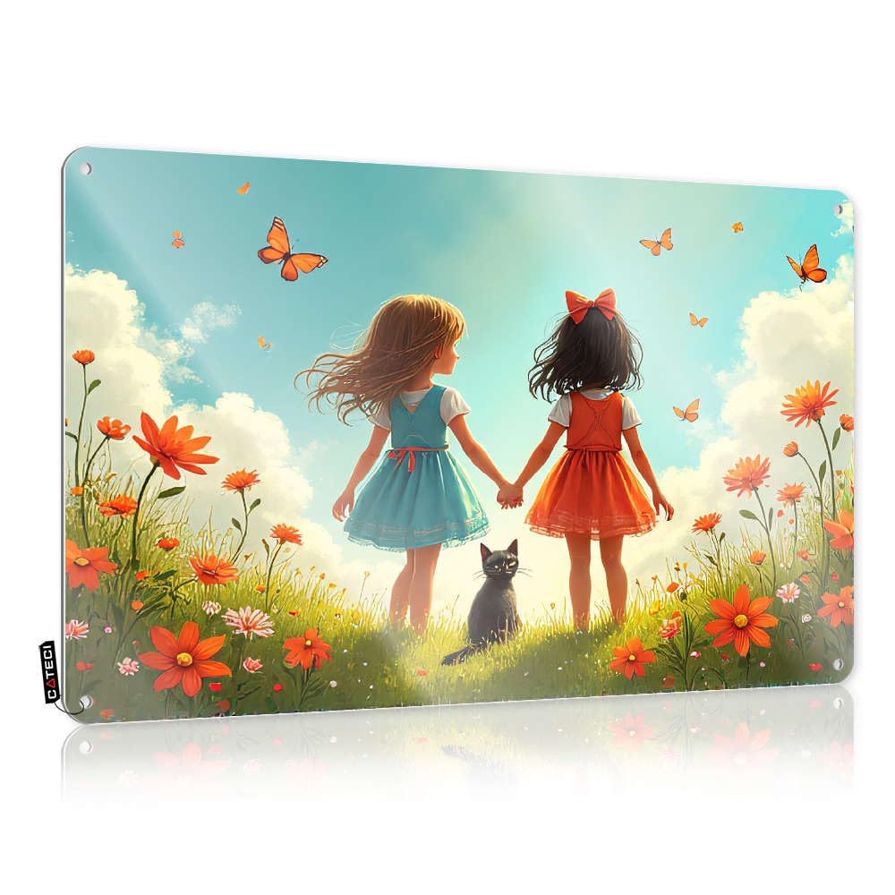 Metal Wall Decoration Americana Door Home Decor - Two Girls Holding Hands, Flowers, Butterflies, Cat. Gift For Boss Rustic Style Artwork For Rv(30X40CM)