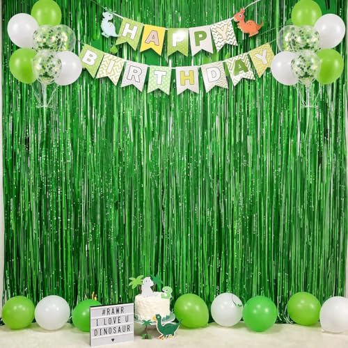 Image of Green Tinsel Backdrop Curtains - 2 Pack Foil Fringe Streamers Photo Backdrop for 2027 World Soccer Cup Party Decorations | Soccer Football Theme Birthday Dinosaur Animal Party Wall Decor