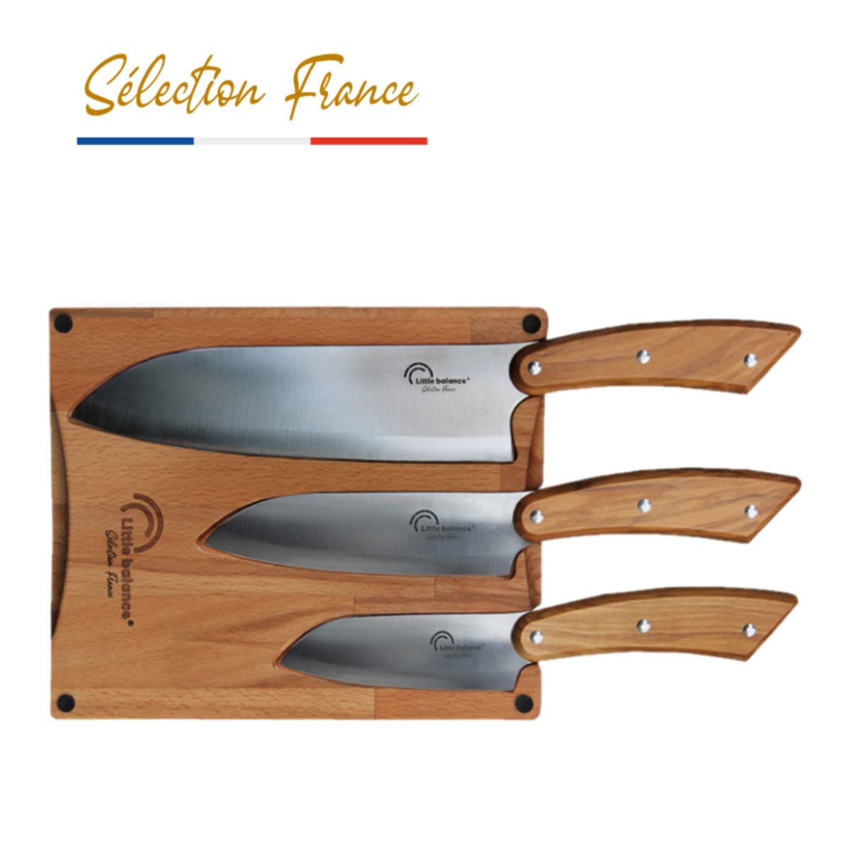 Little balance 8424 - Planche 3 couteaux Santoku - Fabrication 100% française - Set 3 couteaux Santoku, Lame Inox Esprit de Thiers - Manche Bois d'Olivier - Planche à découper