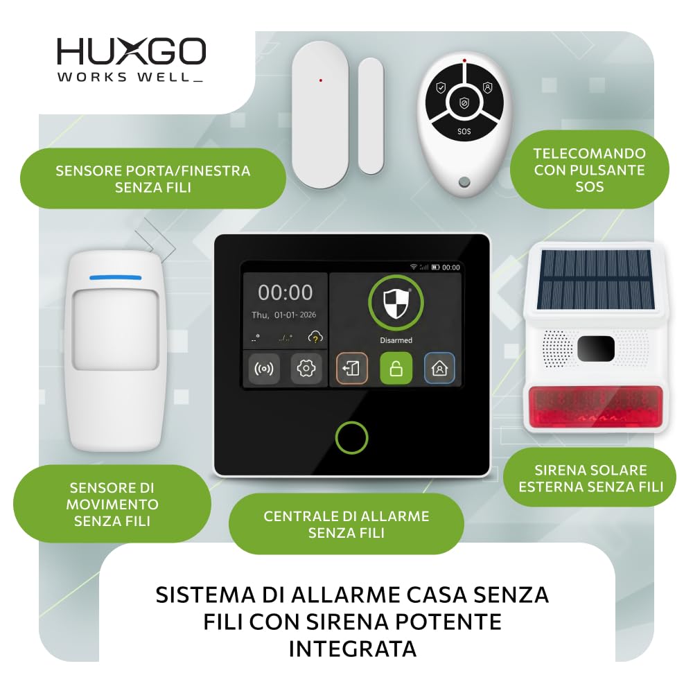 HXA502 Antifurto casa senza fili WiFi + GSM 4G con sirena solare senza fili | Sistema allarme casa con 9x sensore di movimento, 9x sensori per porte | Compatibile con TUYA, menù: ITALIANO