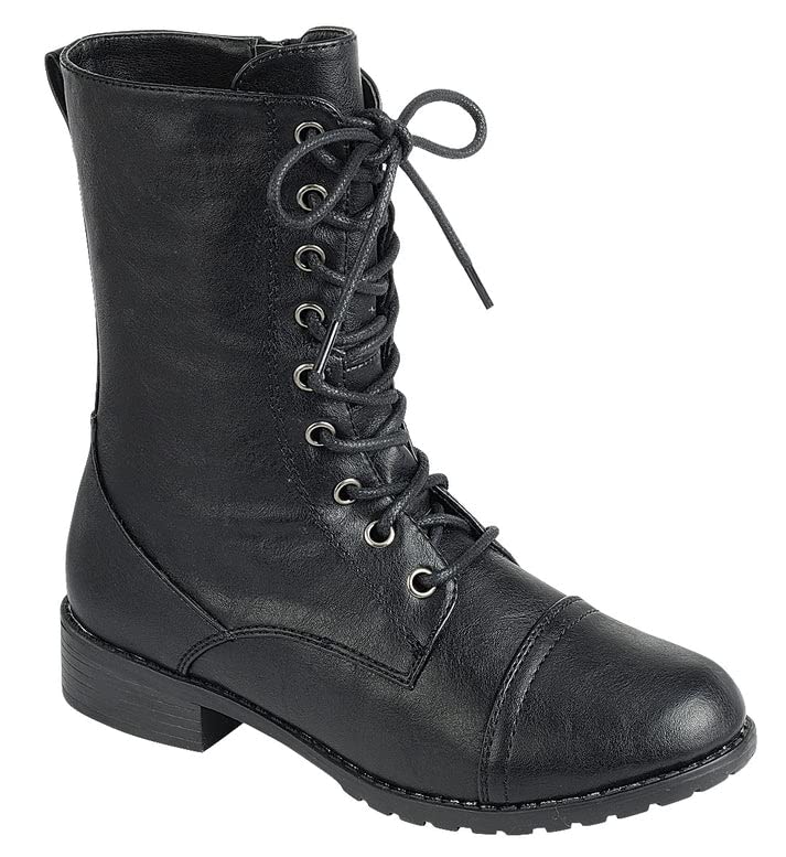 Image of Forever Link Womens Round Toe Military Lace Up Knit Ankle Cuff Low Heel Combat Boots