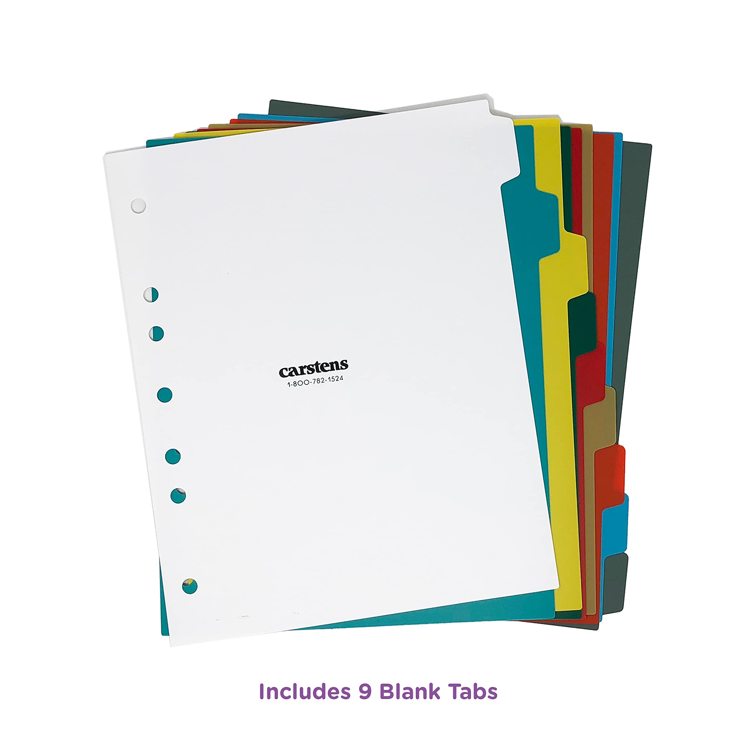 Carstens Separadores de plástico resistente, 9 pestañas, multicolor, en blanco, para carpetas de 3 anillos de apertura lateral