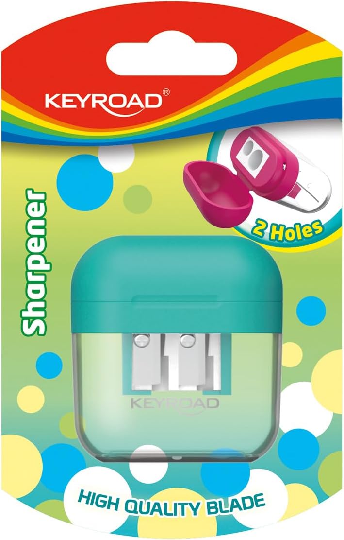 Keyroad Plastic Pencil Sharpener, Double Pencil Sharpener, Sharpener with Container, 1 Piece Sharpener, Blister Pack, Assorted Colours