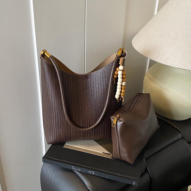 PU Leather Retro Tote Bag with Pendant Simple Shoulder Bag Large Capacity Casual Handbag Leisure Bag with Matching Wallet2