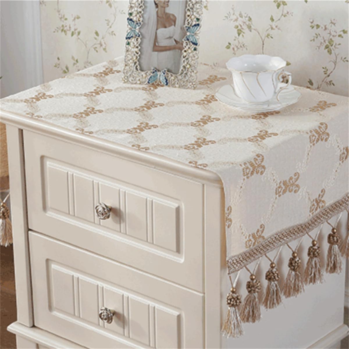 Small Rectangle Tablecloth - Nightstand Tablecloth with Tassels - Golden Floral - 17.7*47.2inches