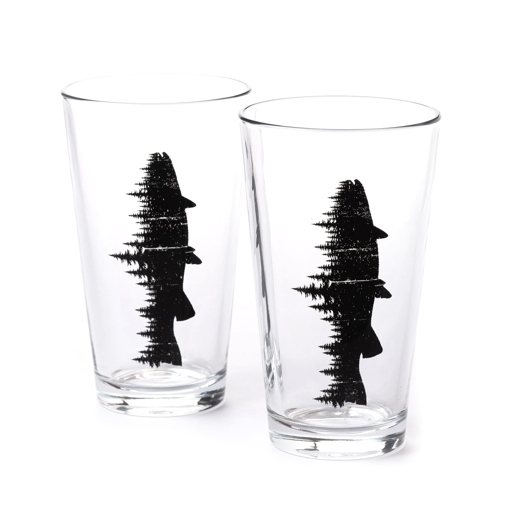 Pint Glasses with Fish and Forest Screen Print - 16 oz. Beer Glasses for Craft Beer - Fishing Gifts and Glasses for Fisherman - Trout and Forest