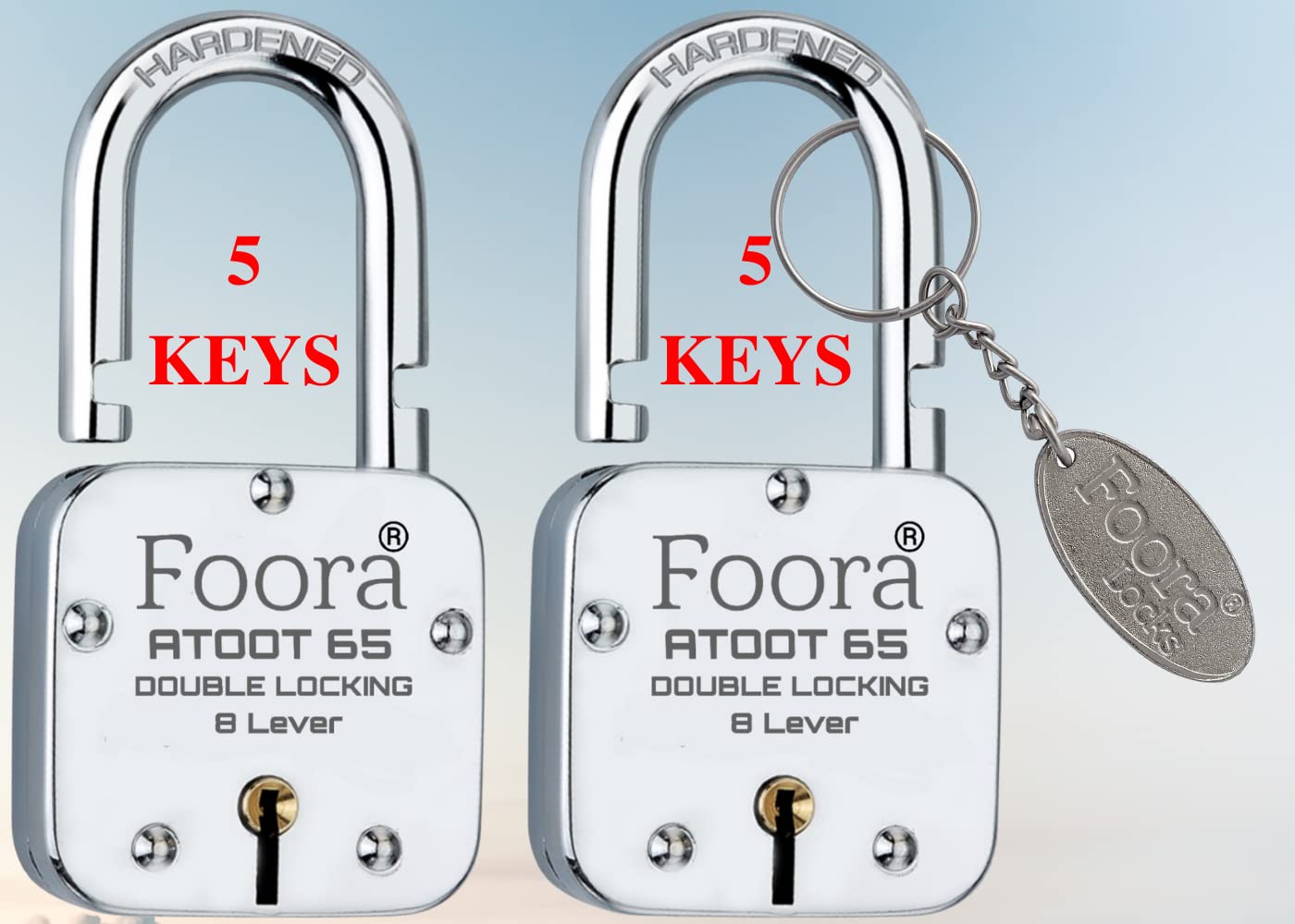 Foora New Atoot 65mm Lock | Metal Body | Double Locking | Hardened Shackle | 8 Steel Lever | 5 Silver Keys with Keychain | Silver Finsih | Pack of 2 | Made in India | Export in USA | Canada (B08SLBCM81) Amazon Price History, Amazon Price Tracker