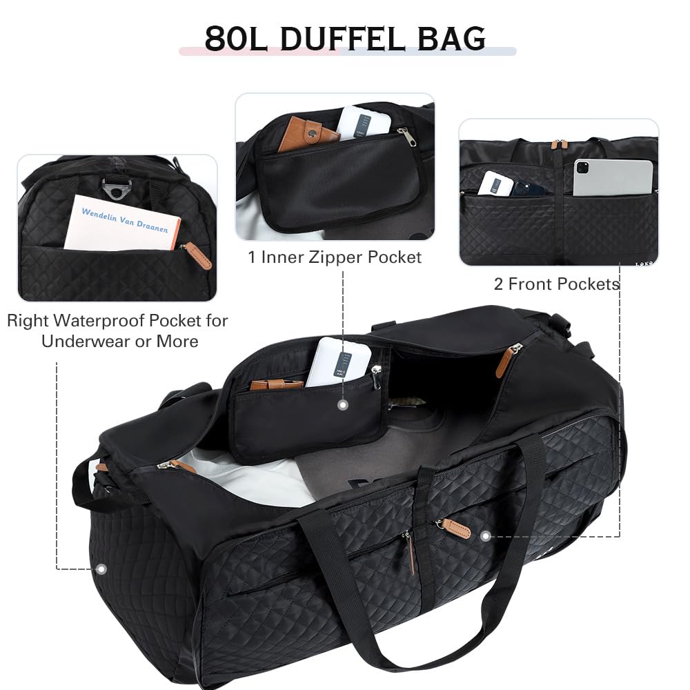 Lekesky Borsa da viaggio da donna pieghevole Weekender borsa sportiva con scomparto per scarpe, borsa impermeabile per bagagli a mano, Nero, 80L