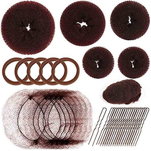Teenitor Hair Donut Bun Maker Set with 5 Pieces (1 Extra-large 1 Large 1 Medium and 2 Small), 20pcs Invisible Hair Nets for Ballet Bun, 5 Pieces Cotton hair bands, 20 Pieces Hair Bobby Pins, Brown
