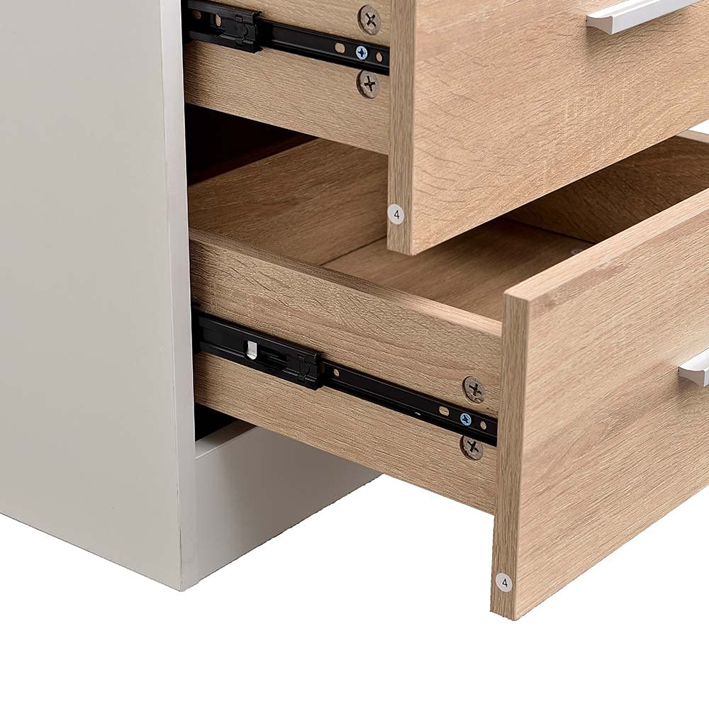 BAKAJI Mesita de Noche para Dormitorio, Armario con 2 cajones, asa de Metal, diseño Moderno, de Madera MDF, Mueble para el hogar, tamaño 44 x 40 x 38 cm, Color Blanco y Roble (2 cajones)