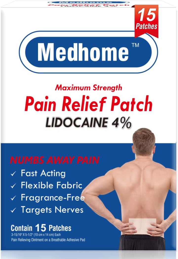 4% Lidocaine patch,Relief Patches,15 Count Maximum Strength Numbing Gel Patch,3.9โ x 5.5โ Pain Relief Patches For Fast Numbing of Aches, Pains, Neck, Shoulder, Muscle Soreness, Back Pain Patch