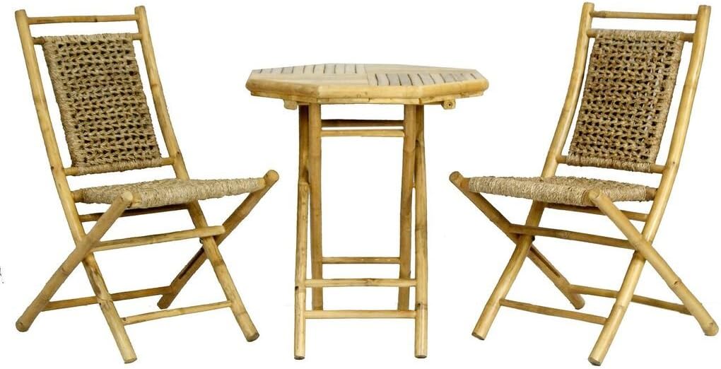 The Maui Collection Contemporary Style Bamboo Wooden 3-Piece Table and Chairs Outdoor Patio Bistro Dining Set, Natural
