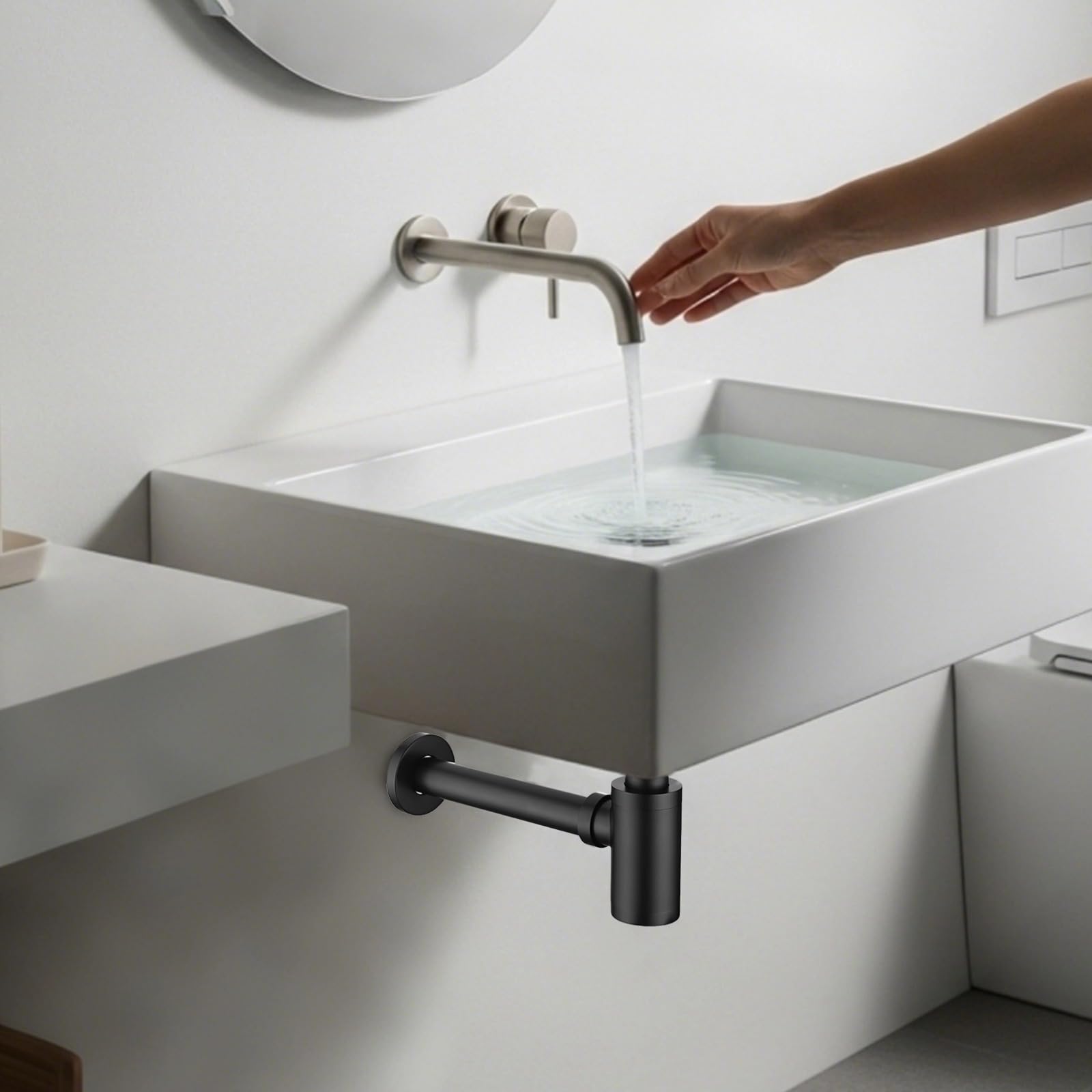 Sifone a bottiglia rotondo per lavabo da bagno, kit da parete in acciaio inox 304, nero opaco con troppopieno, 30 x 35 x 5 cm