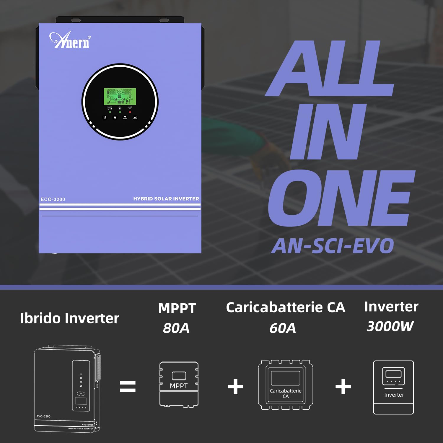 Anern Inverter ibrido da 3200W 24V DC a 220 V/230 V AC con regolatore solare 80A, ingresso PV max.400V, Inverter Fotovoltaico funzionamento con batterie al piombo da 24 V e al litio