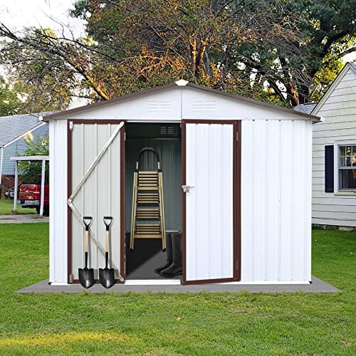 8Ft x 6Ft Shed Metal Outdoor Storage Shed Steel Utility Tiny House Kits Storage House with Door & Lock Metal Sheds Outdoor Storage for Backyard Garden Patio Lawn – 8×6 Ft (White + Coffee)