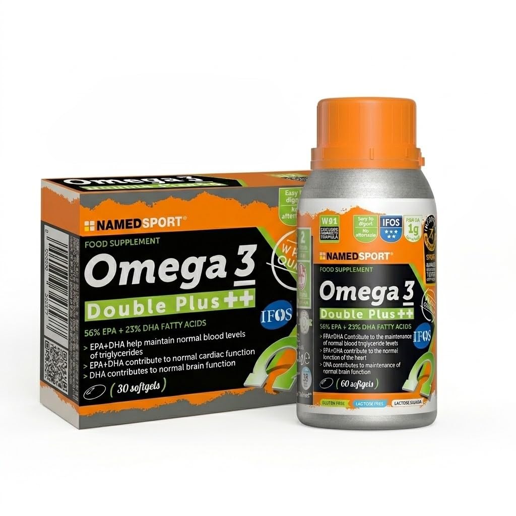 NAMEDSPORT Omega 3 Double Plus | Integratori Omega 3 Alta Concentrazione EPA + DHA da Olio di Pesce Purificato | Certificato | Supporto per Cuore, Cervello, Vista | 90 Softgel 2 Confezioni (30+60)