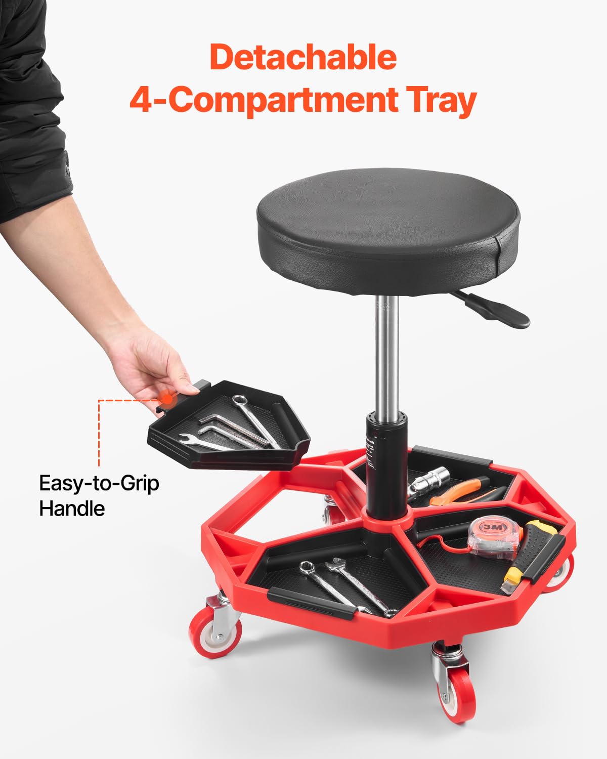 VEVOR Tabouret d'Atelier Mobile, Tabouret de Mécanicien sur roulettes Capacité de Charge 136 kg, Hauteur Réglable, avec Plateaux à Outils, pour Entretien Réparation Automobile Garage, Noir et Rouge