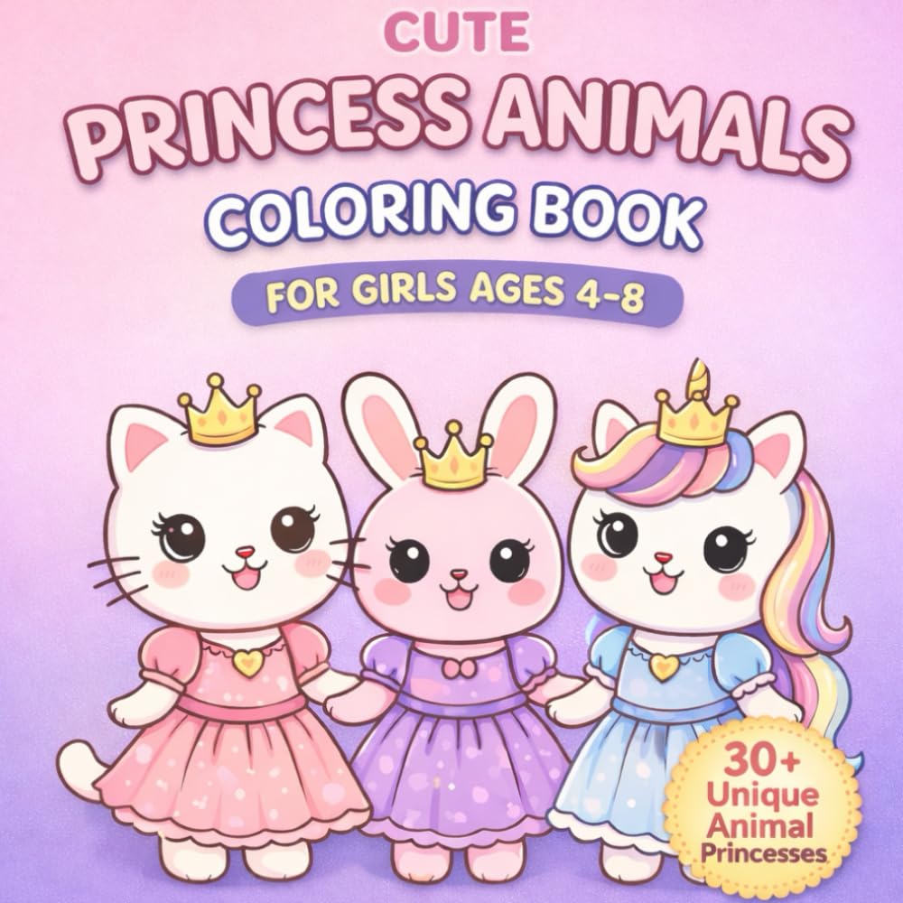 Cute Princess Animals Colloring Book: for girls ages 4 to 8