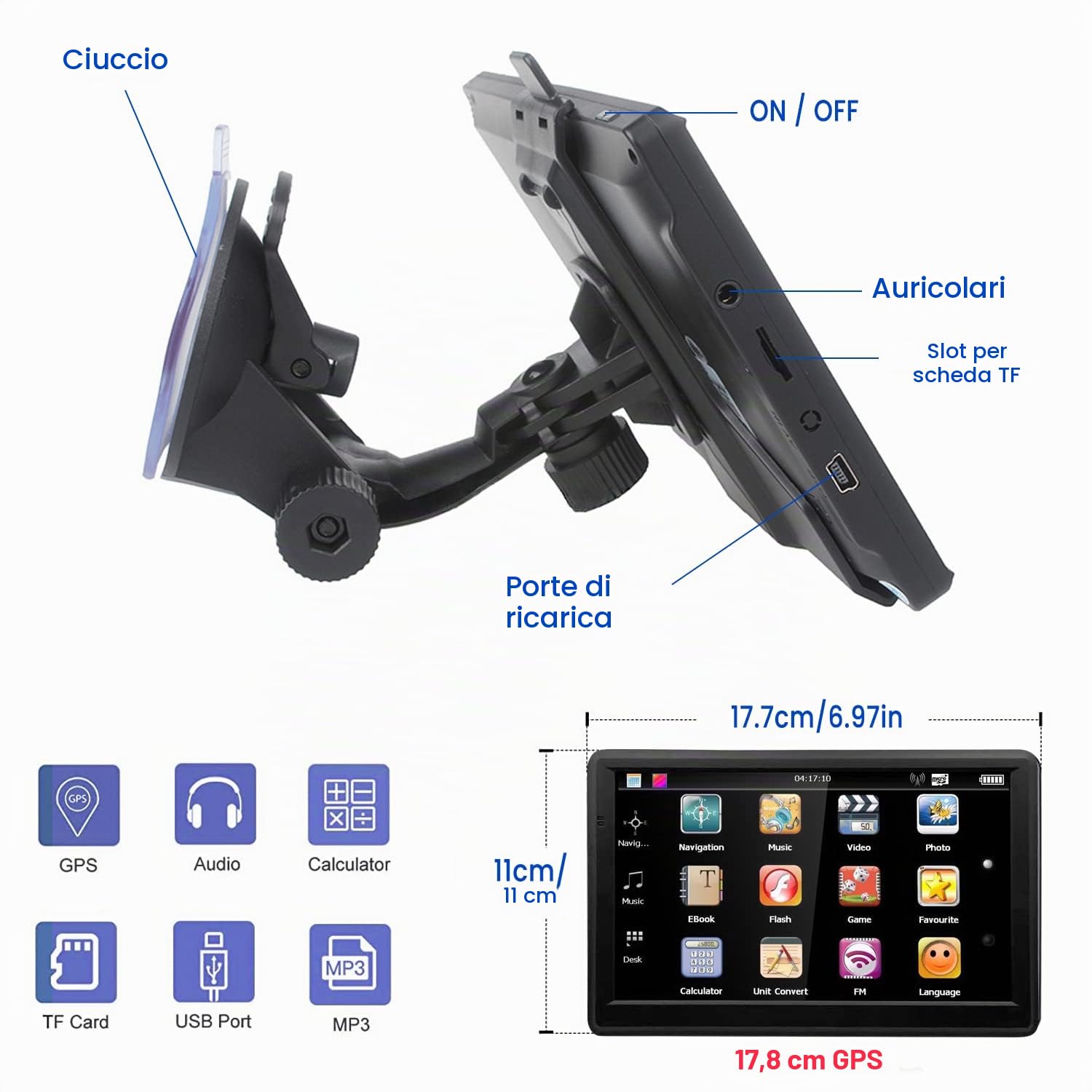 GPS 7 Pollice Navigazione Auto con HD Touch Screen, Multi-Languages Guida e Mappe EU, Info Traffico, per Camion Campeggio