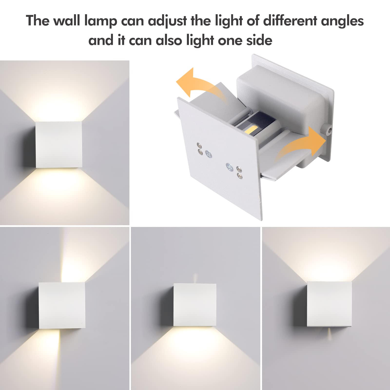 Applique da esterno,Applique da parete interno,Applique led da parete interno Bianco 6W 3000K luce caldo IP65 Impermeabile Applique Esterni Muro Quadrata Angolo del Fascio Regolabile 4 Pezzi